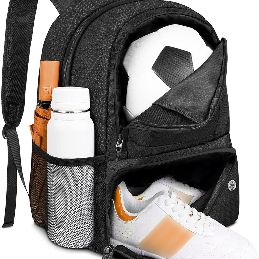 Sports Soccer Backpack -Ballistic Nylon, Multi-Pocket Organizer, Shoe Compartment, large and light ,football soccer backpack, Black / Grey /Blue 